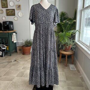 Mikarose Blue & White & Brown Smocked Waist Flutter Sleeve Maxi Dress Sz XL